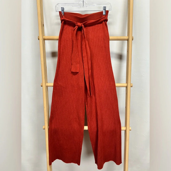 LOVE TREE Dark rust knit wide leg belted pants size S - Picture 1 of 11